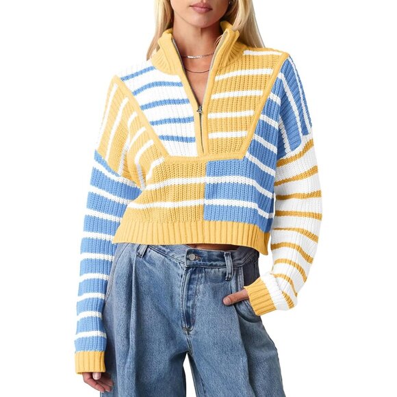 Women’s Yellow Saodi mallsu Striped Cropped Zip Up Sweater, Color Block - Picture 1 of 6